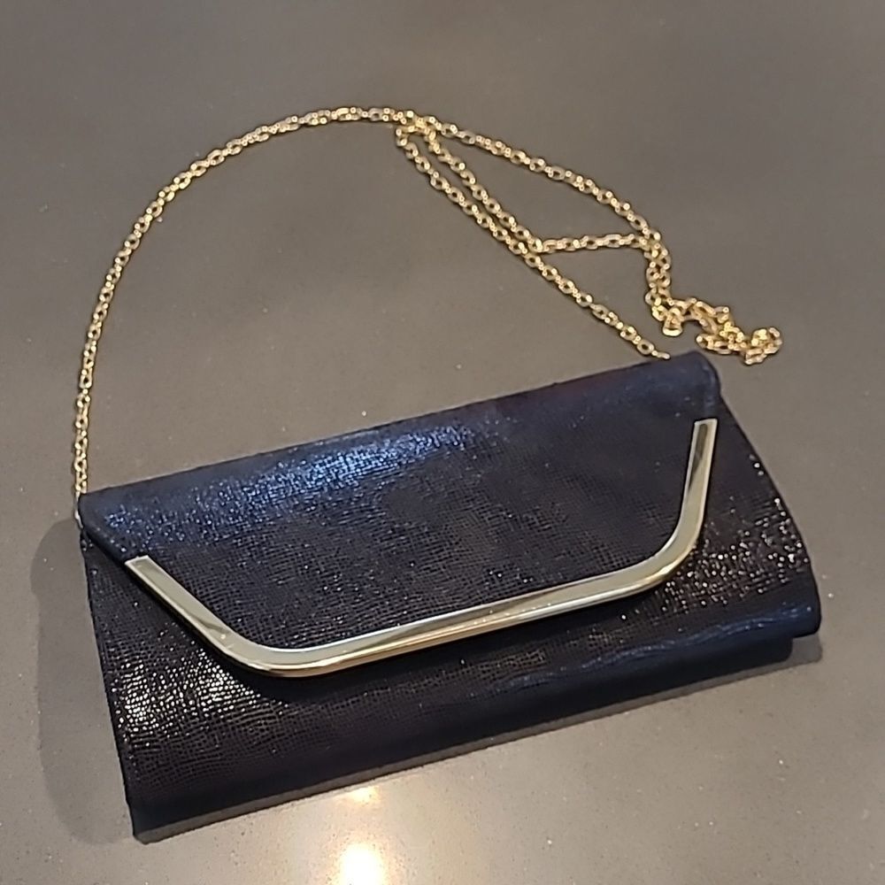 Magnetic closure snap black evening purse, removable gold toned shoulder strap